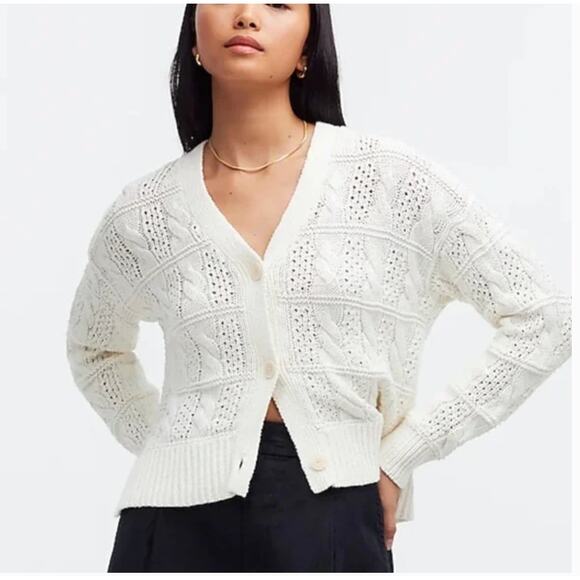 Madewell Open Stitch Cable Sweater L NWT White Cardigan Coastal V Neck NO983 - Picture 1 of 5